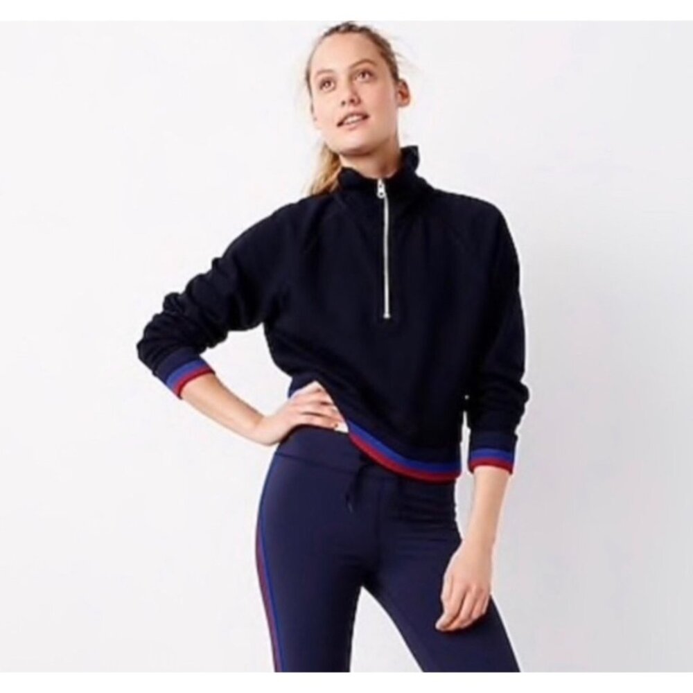 J.Crew Womens S Navy Blue 1/2 Zip Sweatshirt Red & Blue Striped Cuffs & Hem